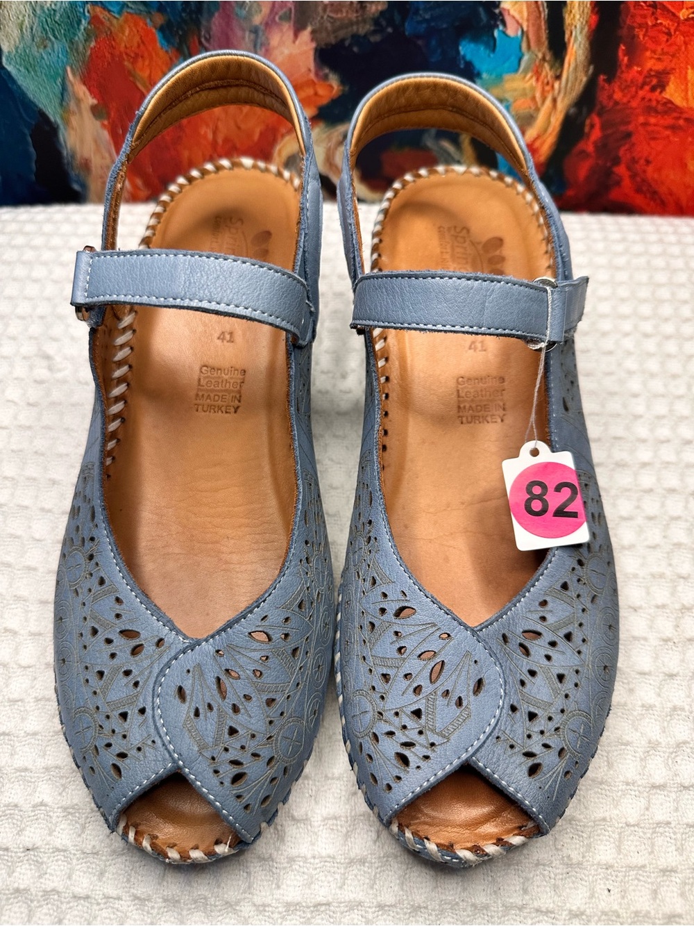 Spring Step Light Blue Perforated Leather Mary Jane Sandals